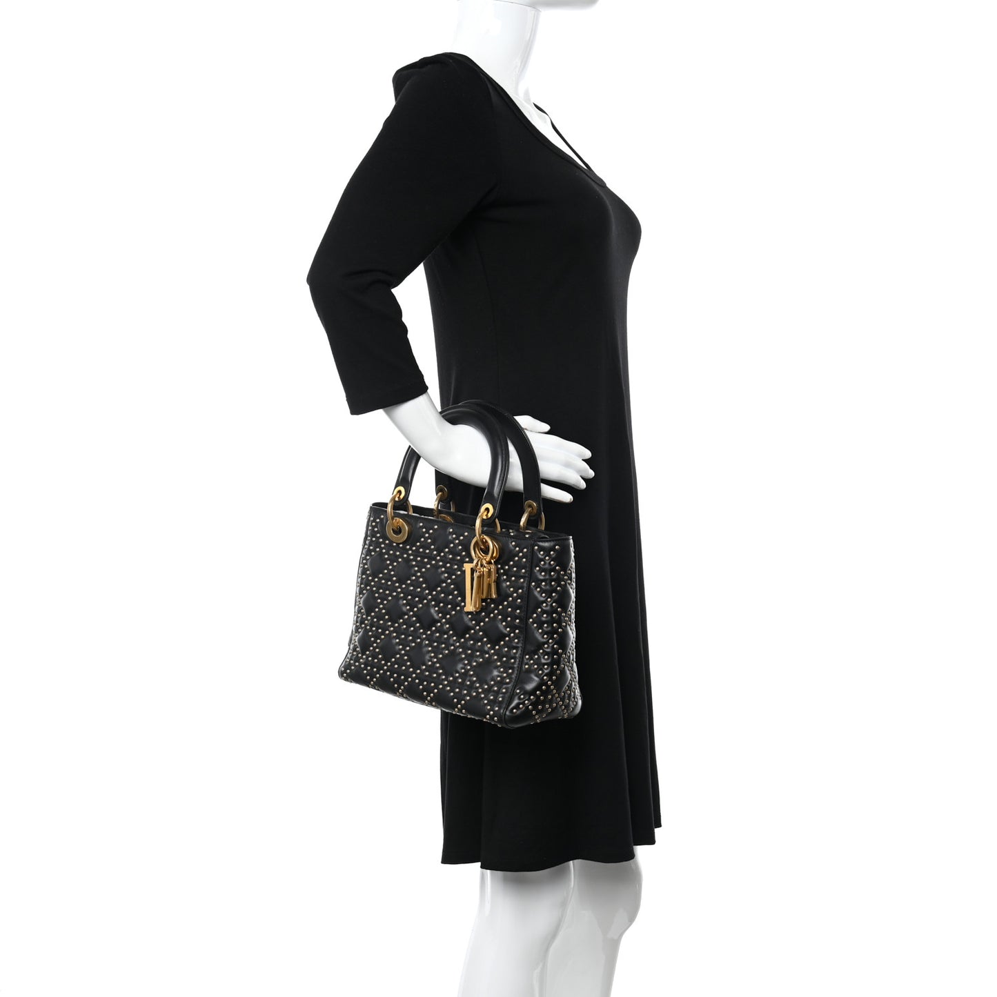 Calfskin Cannage Studded Medium Supple Lady Dior Black