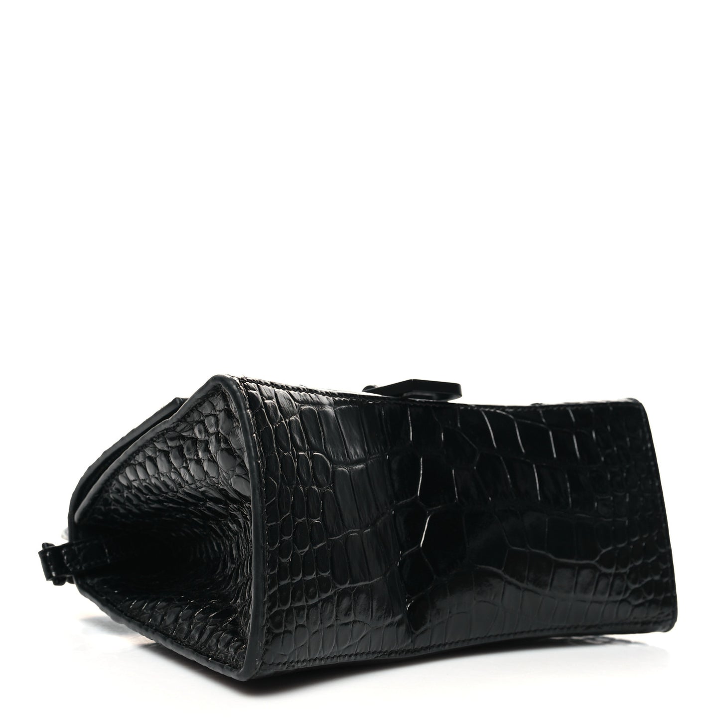 Shiny Calfskin Monochrome Crocodile Embossed Small Hourglass Top Handle Bag Black
