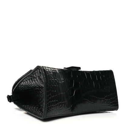 Balenciaga Shiny Calfskin Monochrome Crocodile Embossed Small Hourglass Top Handle Bag Black 4 of 11