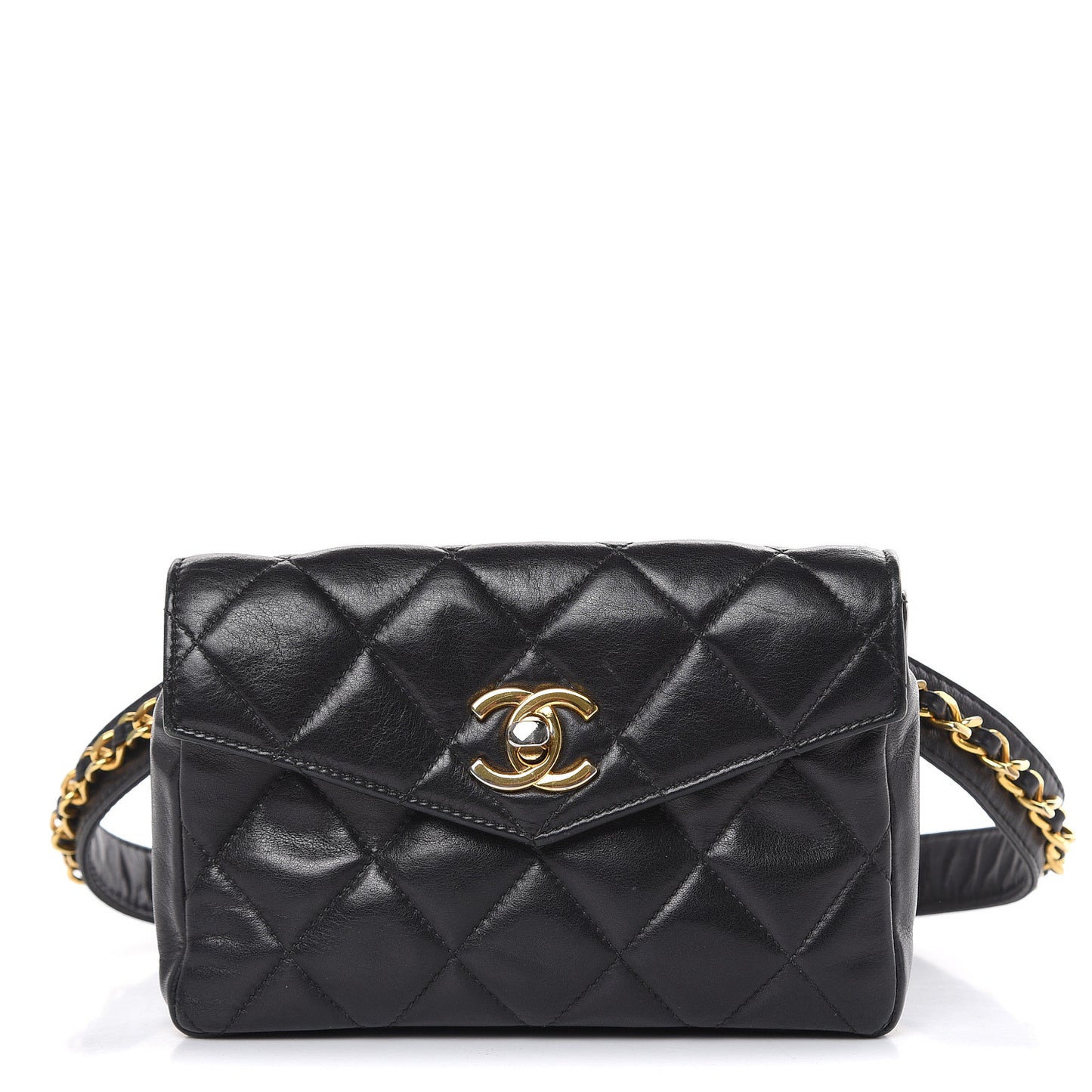 Lambskin Quilted Flap Waist Belt Bag Black