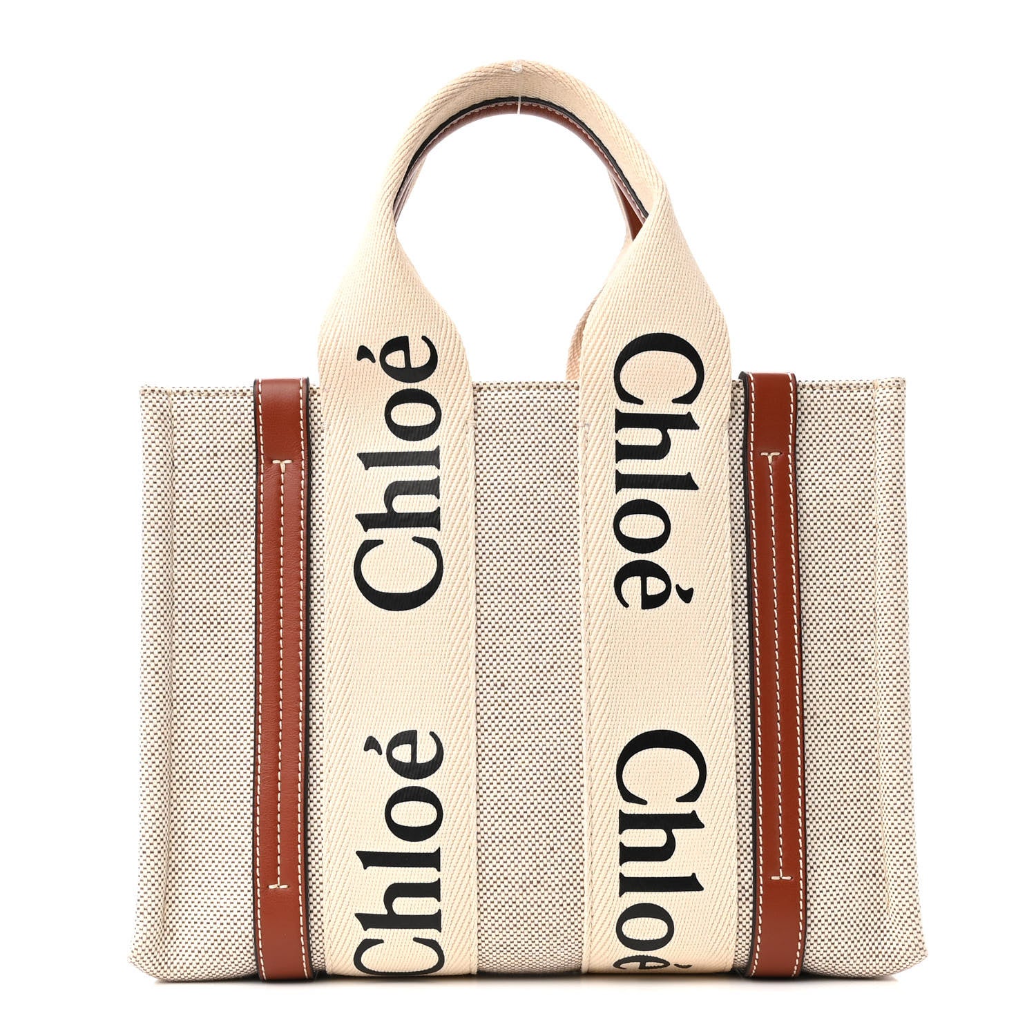 Chloe Cotton Calfskin Small Woody Ribbon Tote White Brown 1 of 10
