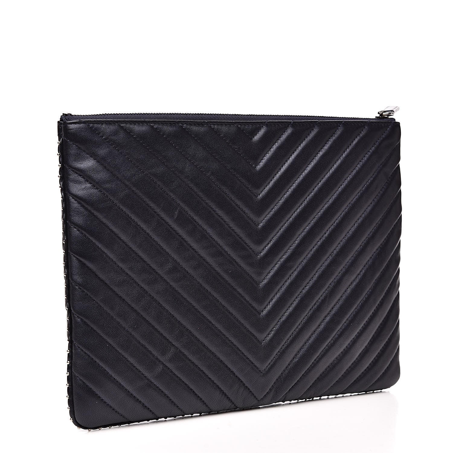 Chanel Calfskin Chevron Studded Quilted Medium Cosmetic Case Navy 3 of 11