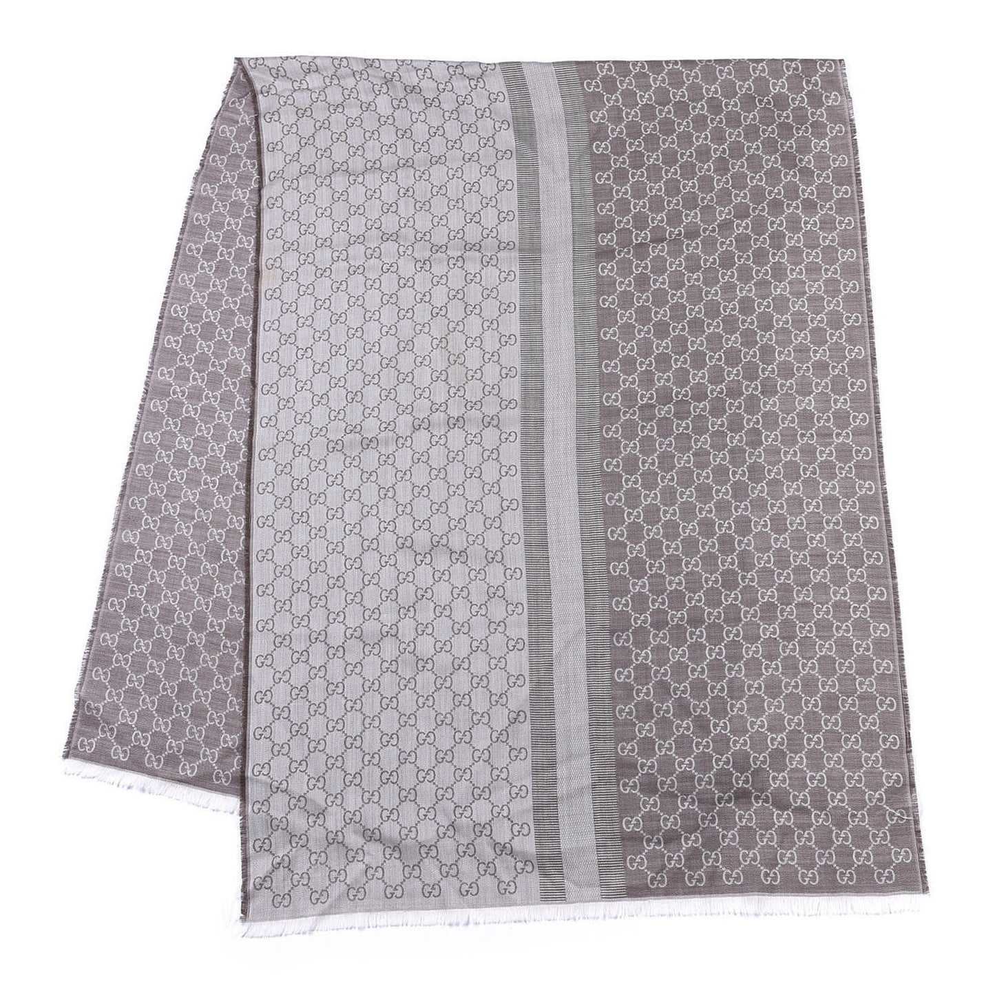 Wool Silk GG Monogram GGWeblong Fringe Scarf Shawl Pearl Medium Grey