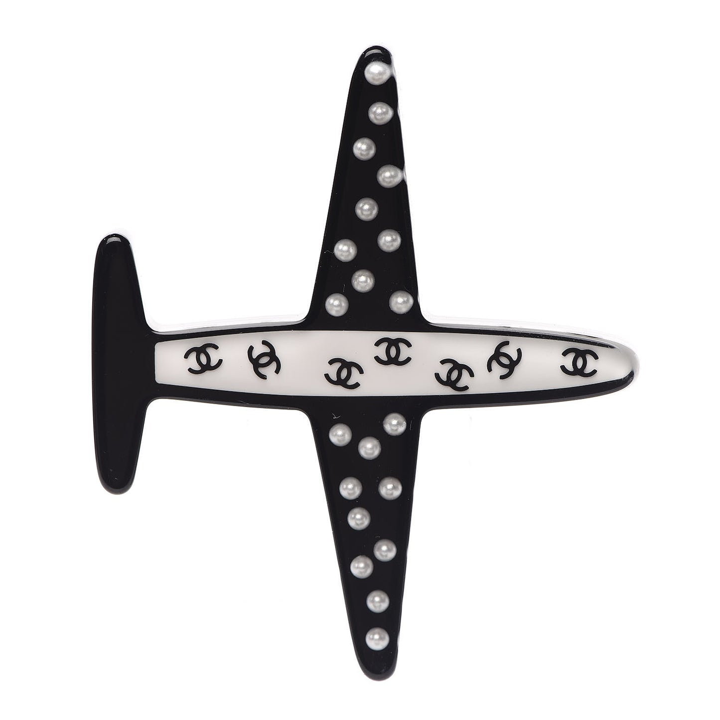 Resin Pearl CC Airplane Brooch Black White
