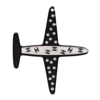 Chanel Resin Pearl CC Airplane Brooch Black White 1 of 4