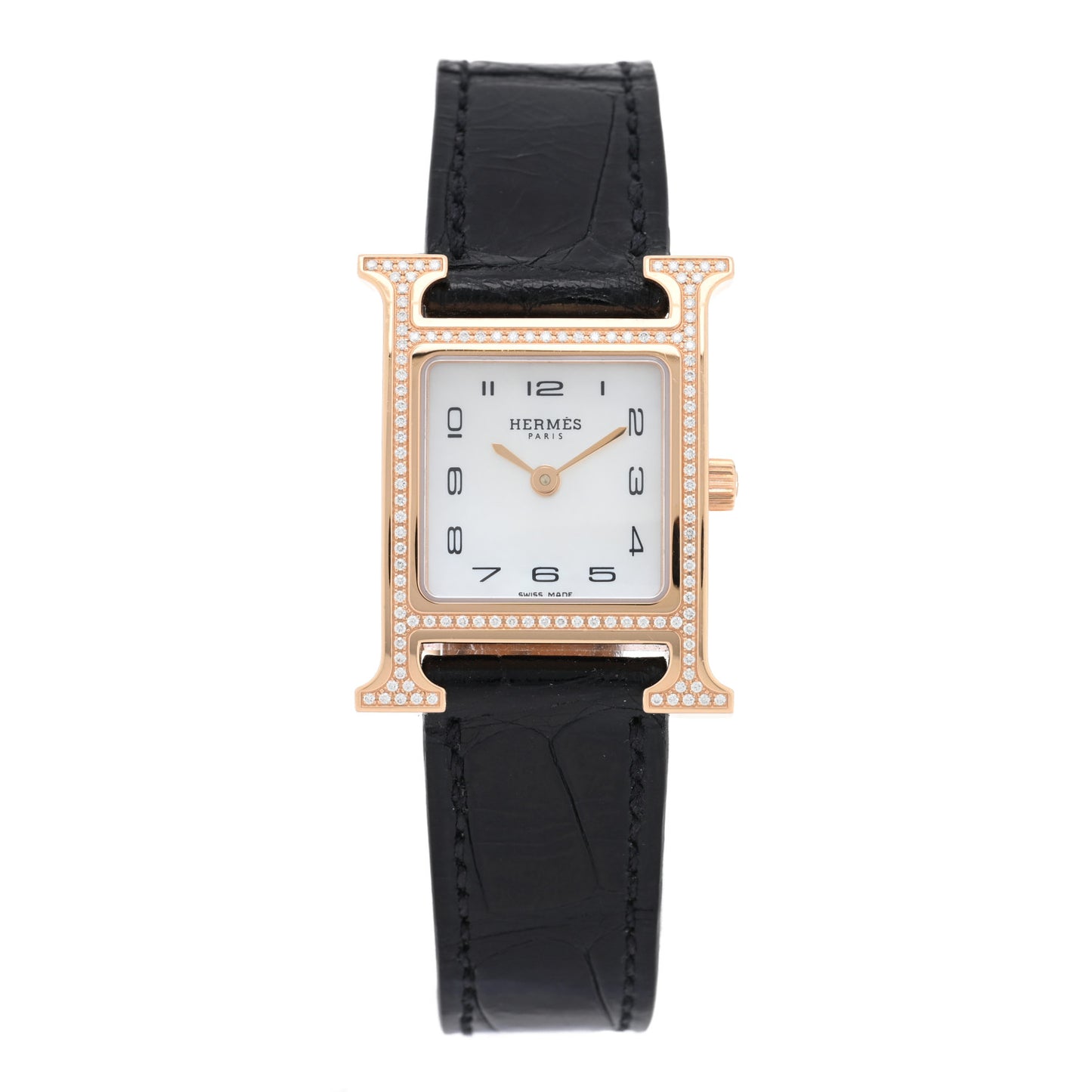 18K Rose Gold Alligator Diamond Bezel Mother of Pearl 21mm Heure H Hour Quartz Watch Noir