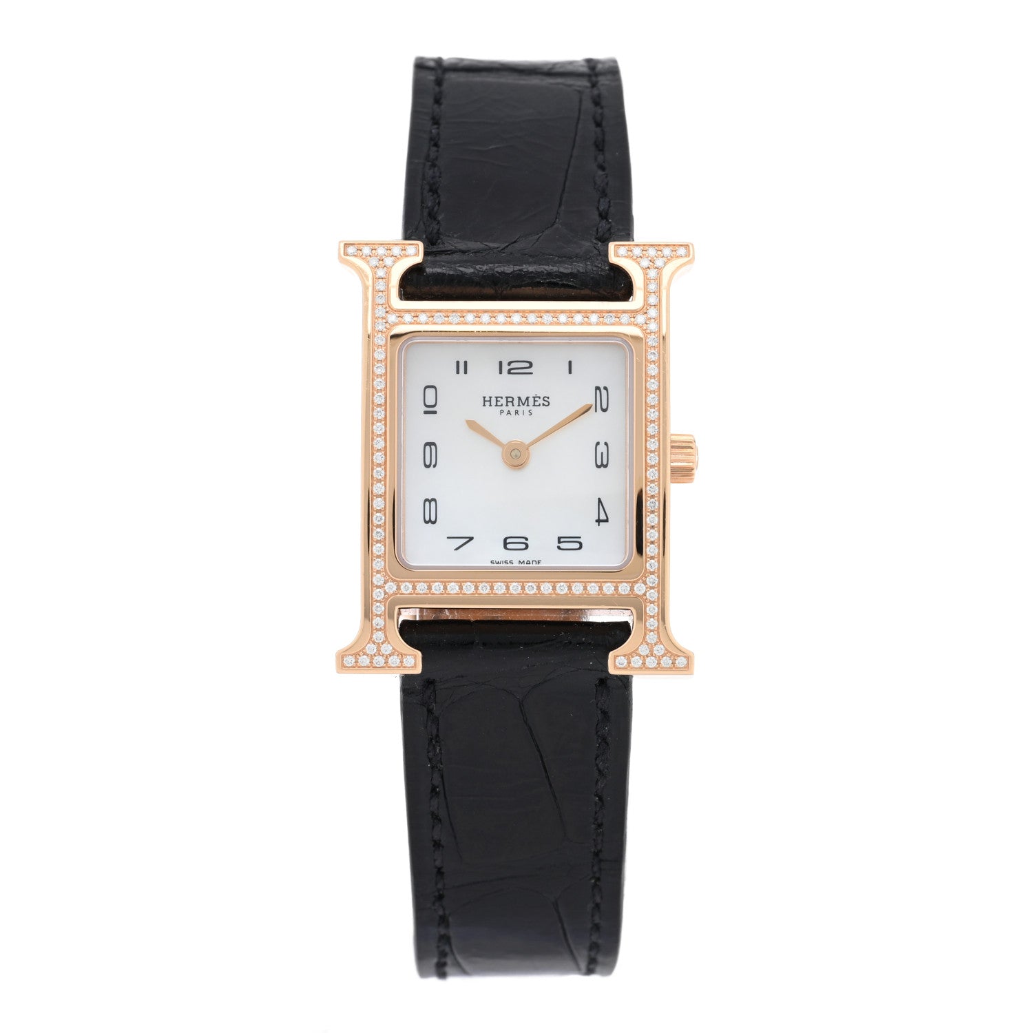 Hermes 18K Rose Gold Alligator Diamond Bezel Mother of Pearl 21mm Heure H Hour Quartz Watch Noir 1 of 5