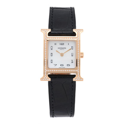 Hermes 18K Rose Gold Alligator Diamond Bezel Mother of Pearl 21mm Heure H Hour Quartz Watch Noir 1 of 5