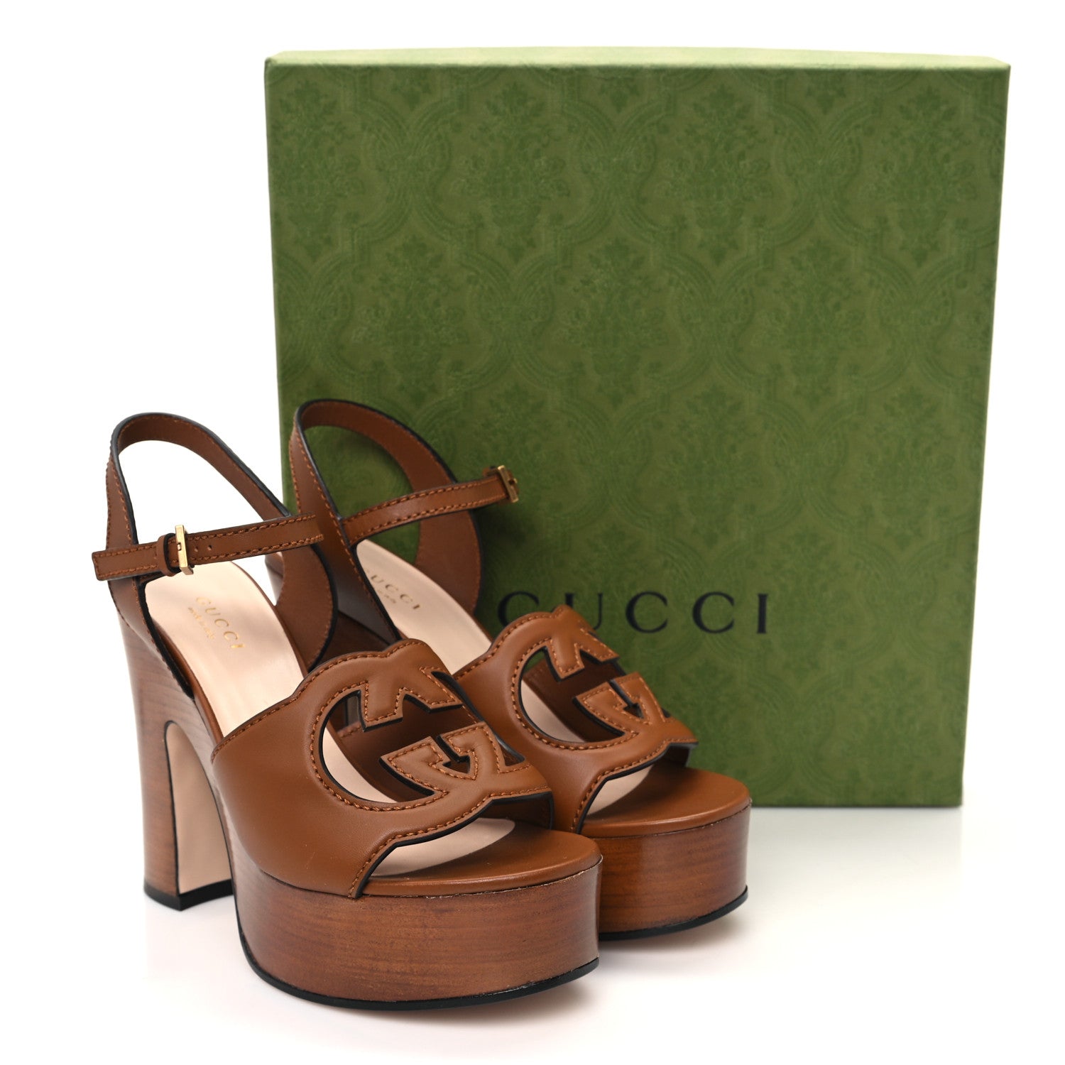 Gucci Cosmos Softy Calfskin Wooden Interlocking G Cut-Out 30/120mm Platform Sandals 36 Cuir 9 of 9