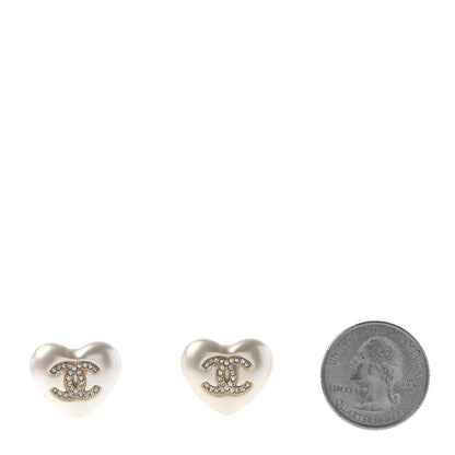 Chanel Pearl Crystal CC Heart Earrings Gold 2 of 4