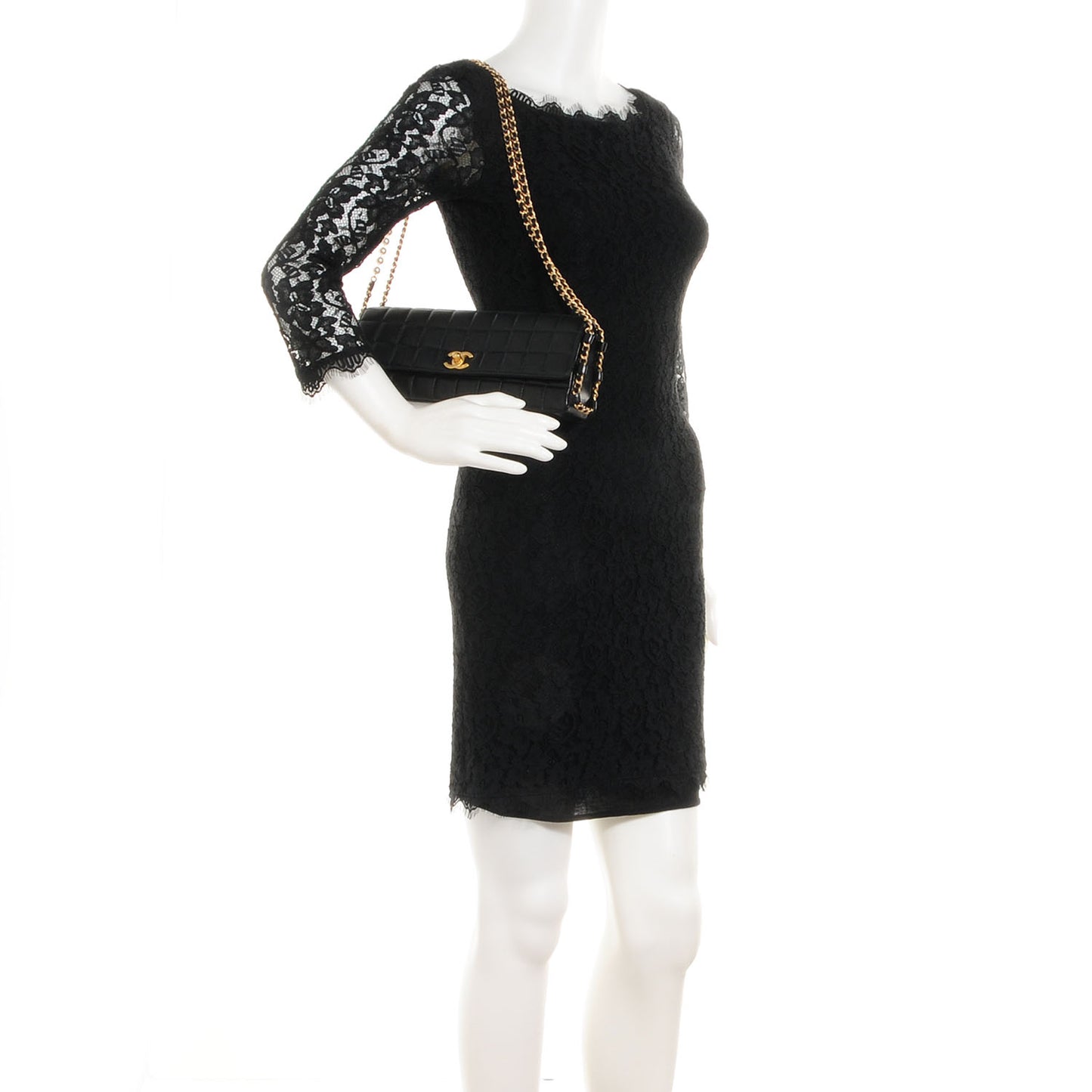 Lambskin East West Chocolate Bar Pearl Chain Flap Black