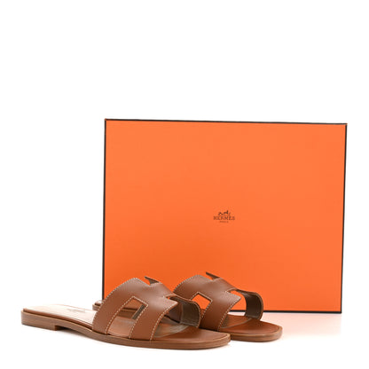 Hermes Box Calfskin Oran Sandals 37.5 Gold 10 of 10