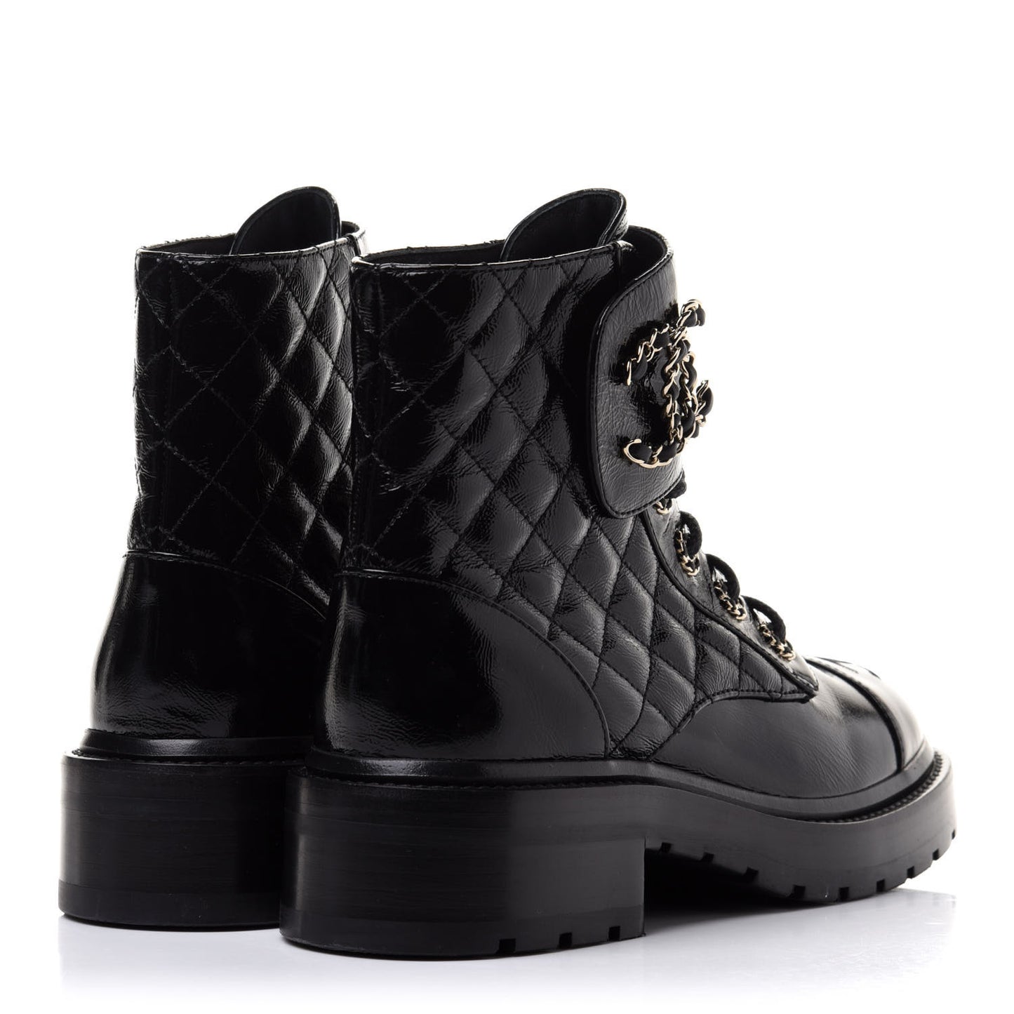 Shiny Calfskin Quilted Lace Up Combat Boots 37 Black