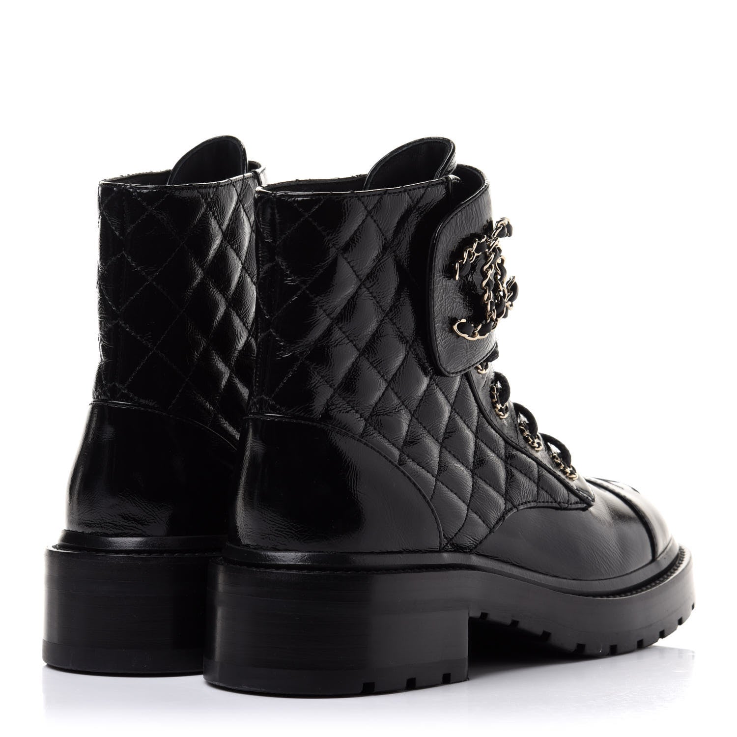 Chanel Shiny Calfskin Quilted Lace Up Combat Boots 37 Black 4 of 10