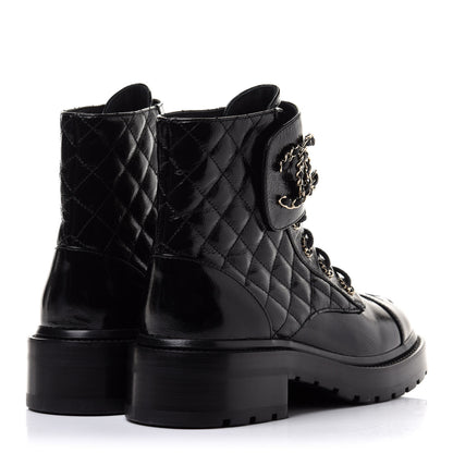 Chanel Shiny Calfskin Quilted Lace Up Combat Boots 37 Black 4 of 10