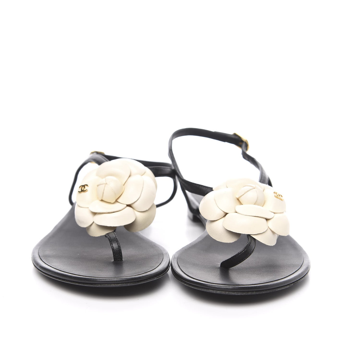 Lambskin Camellia Thong Sandals 38.5 Black White