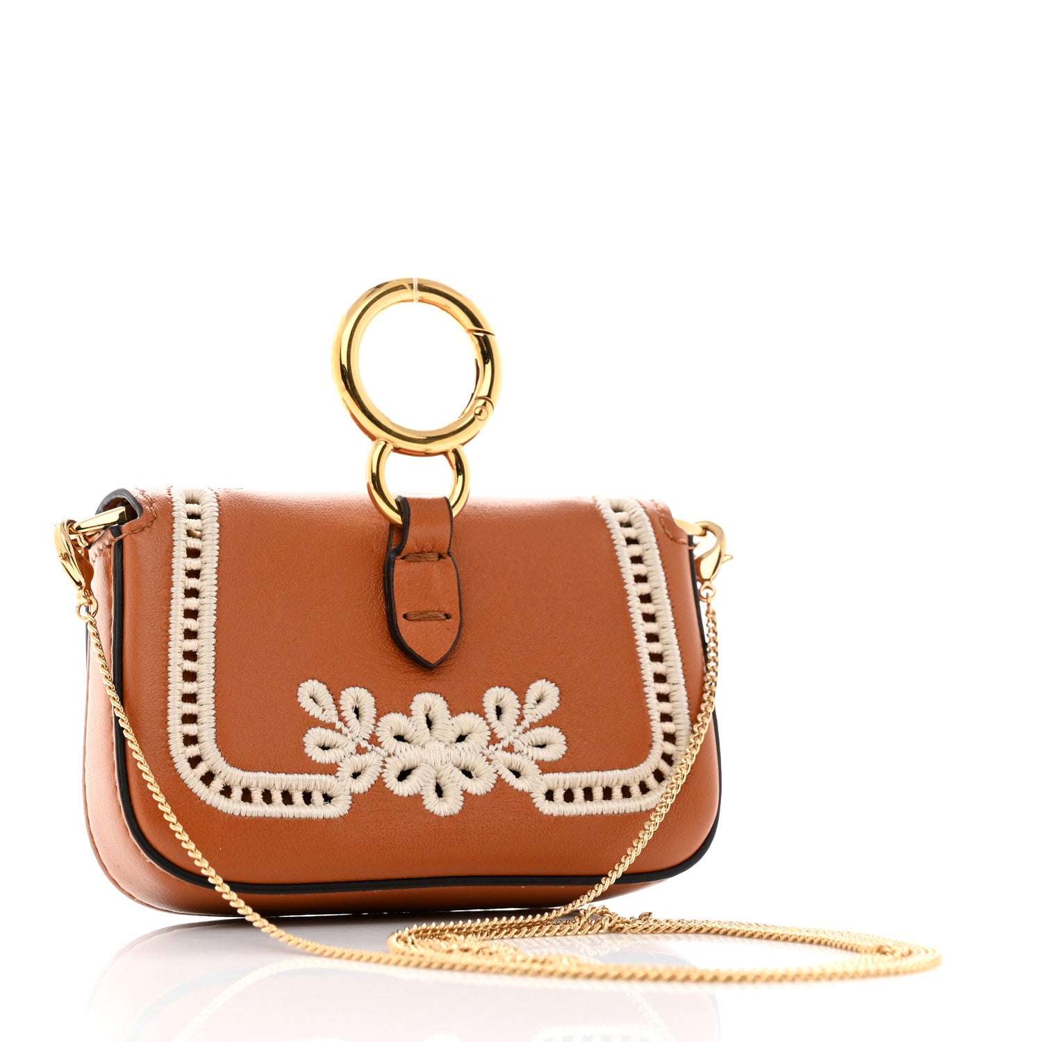 Fendi Shiny Nappa Vitello King Floral Ajour Embroidered Nano Baguette Charm Brandy 3 of 8