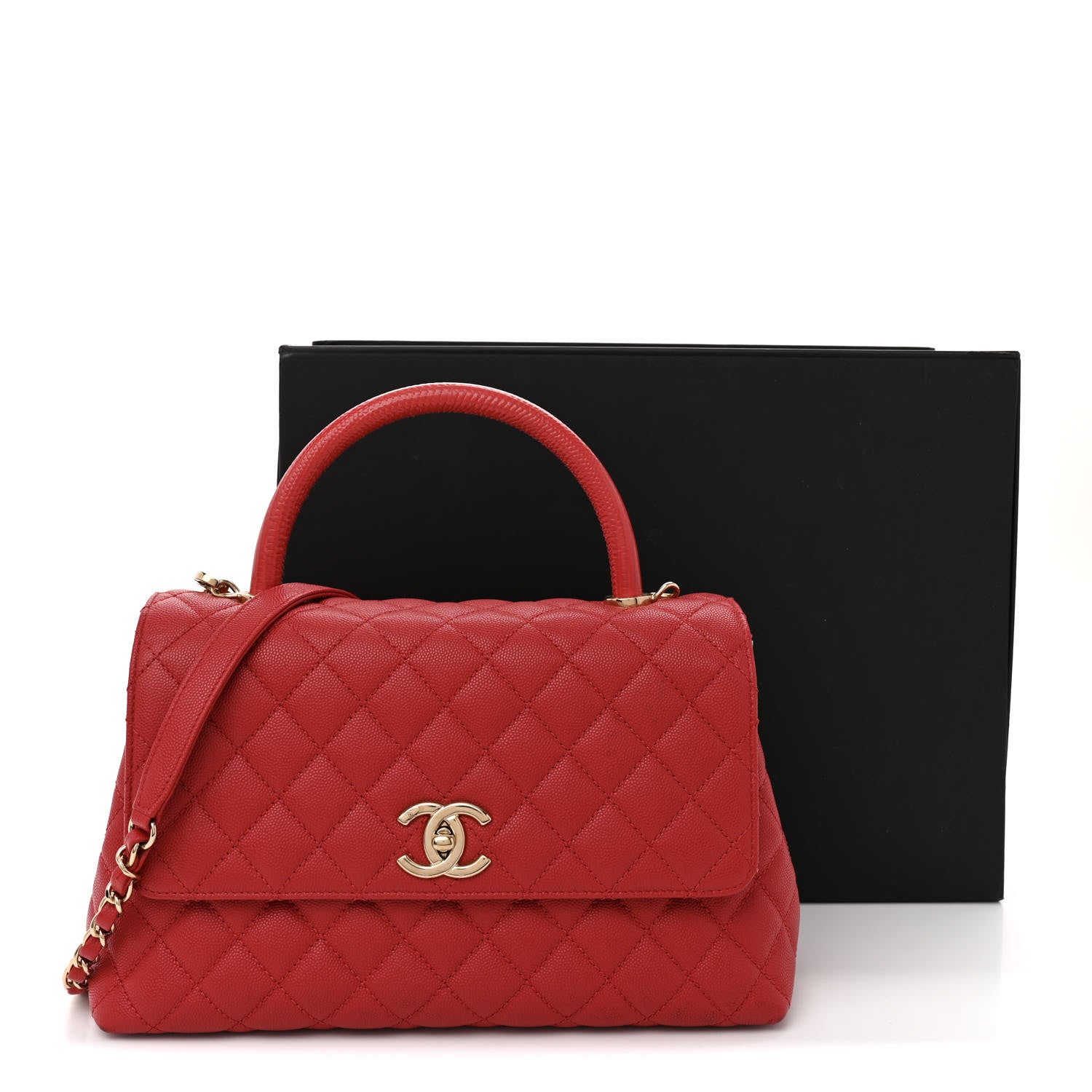 Chanel Caviar Lizard Embossed Quilted Small Coco Handle Flap Red 15 of 15