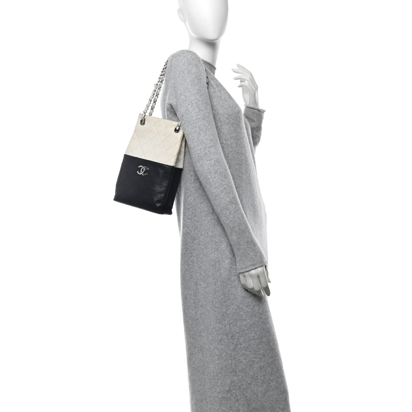 Lambskin Quilted Bi-Color Drawstring Shoulder Bag Black White