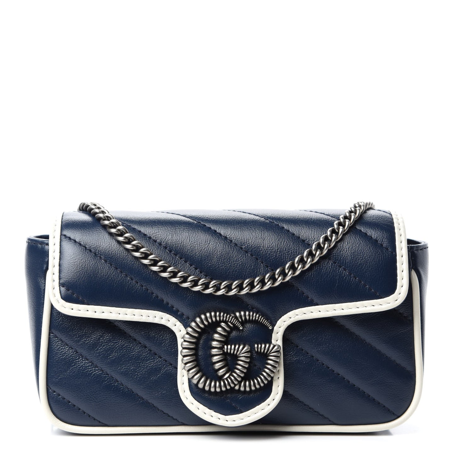 Vintage Effect Calfskin Matelasse Diagonal Super Mini Torchon GG Marmont Shoulder Bag Blue Agata Mystic White