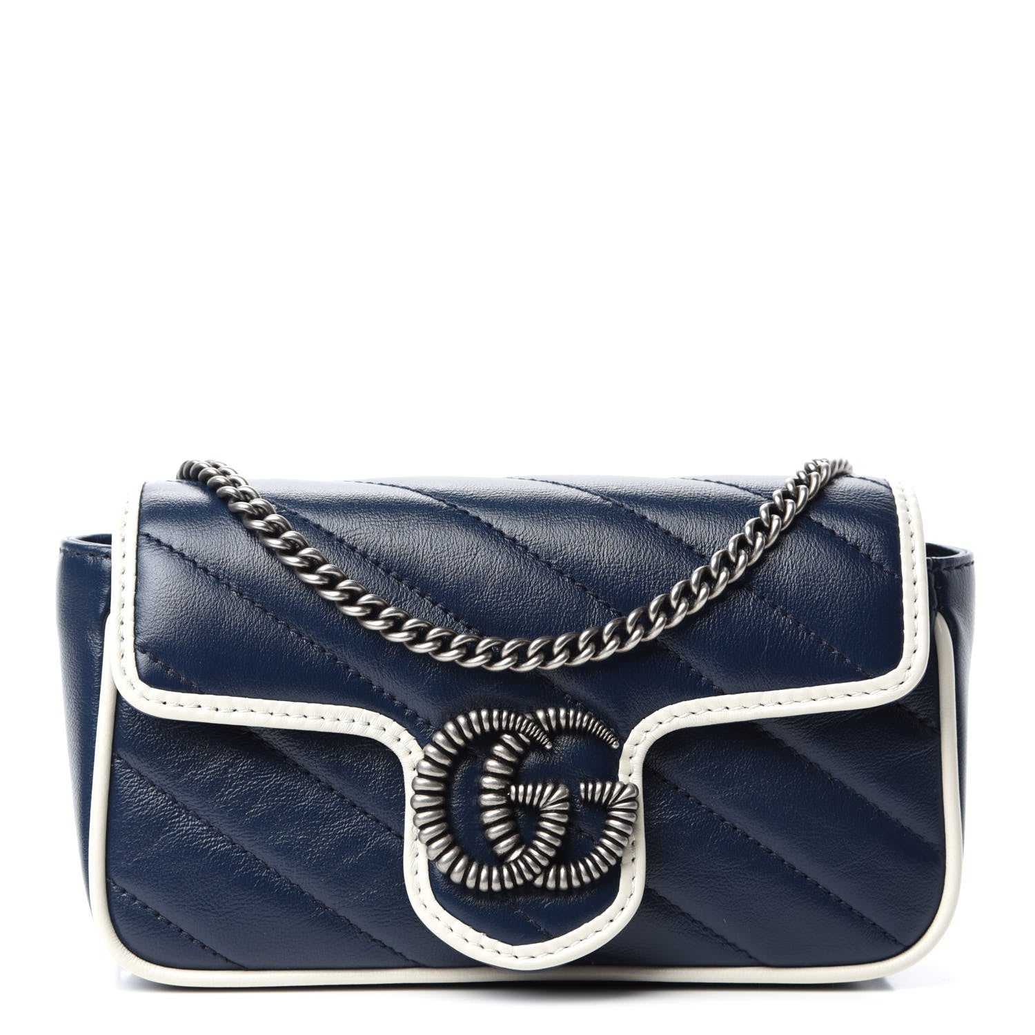 Gucci Vintage Effect Calfskin Matelasse Diagonal Super Mini Torchon GG Marmont Shoulder Bag Blue Agata Mystic White 1 of 10