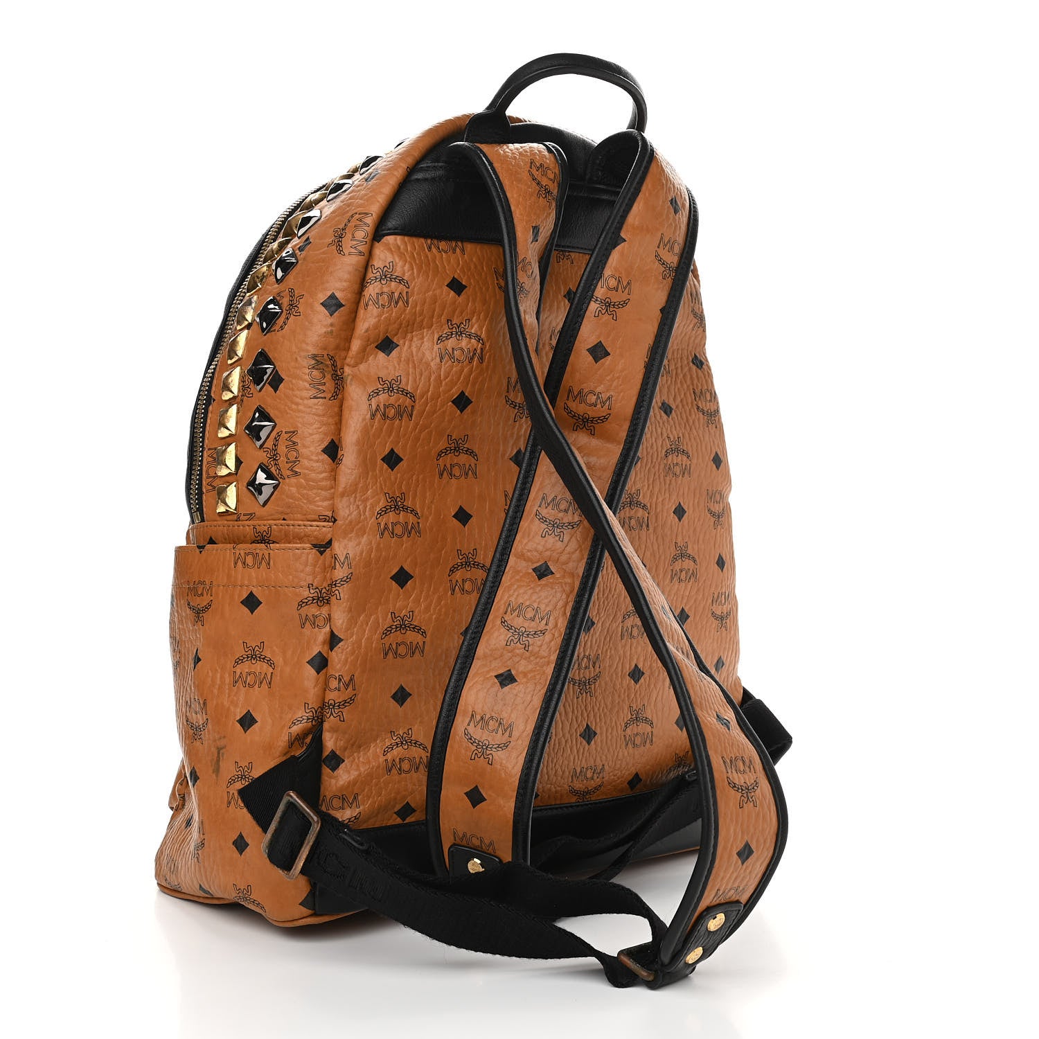 MCM Visetos Studded Colorblock Medium Stark Brock Backpack Cognac Black 2 of 15
