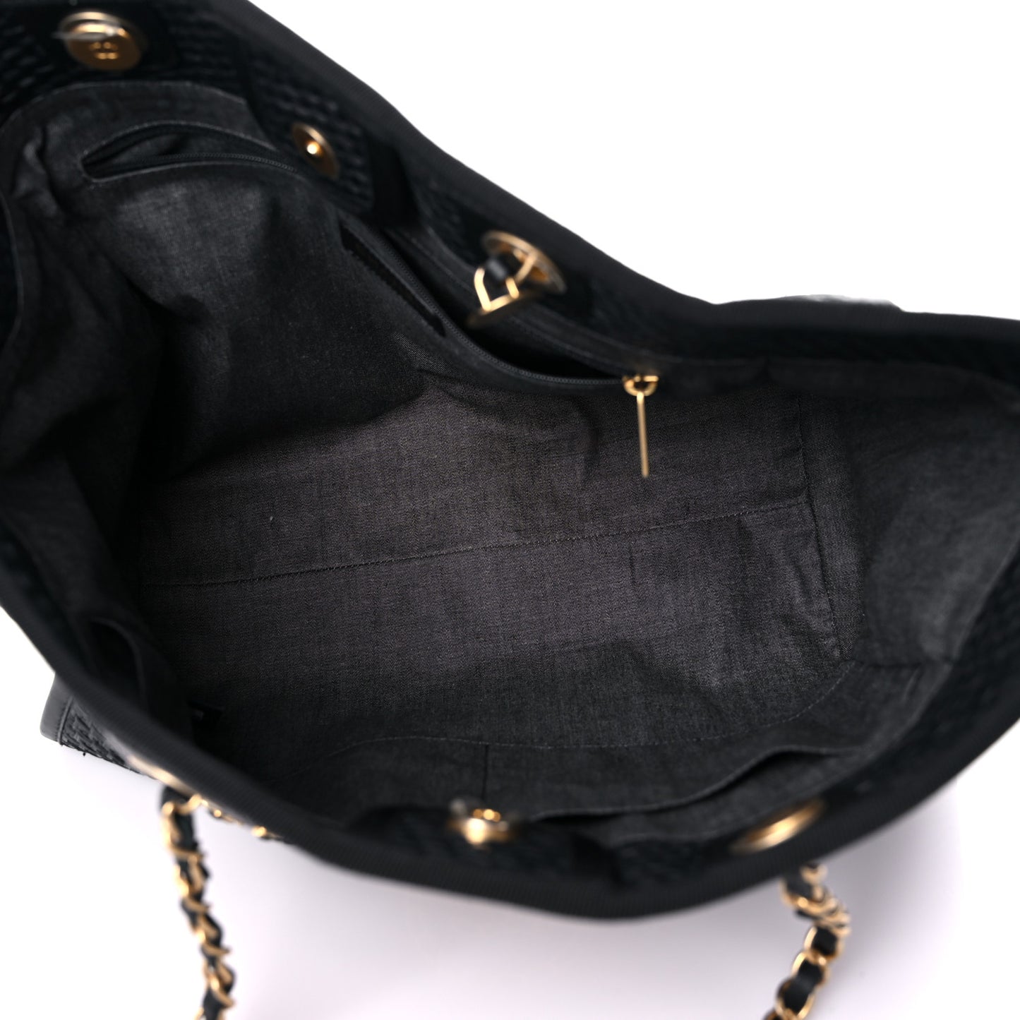 Straw Raffia Calfskin Chain Small Deauville Tote Black