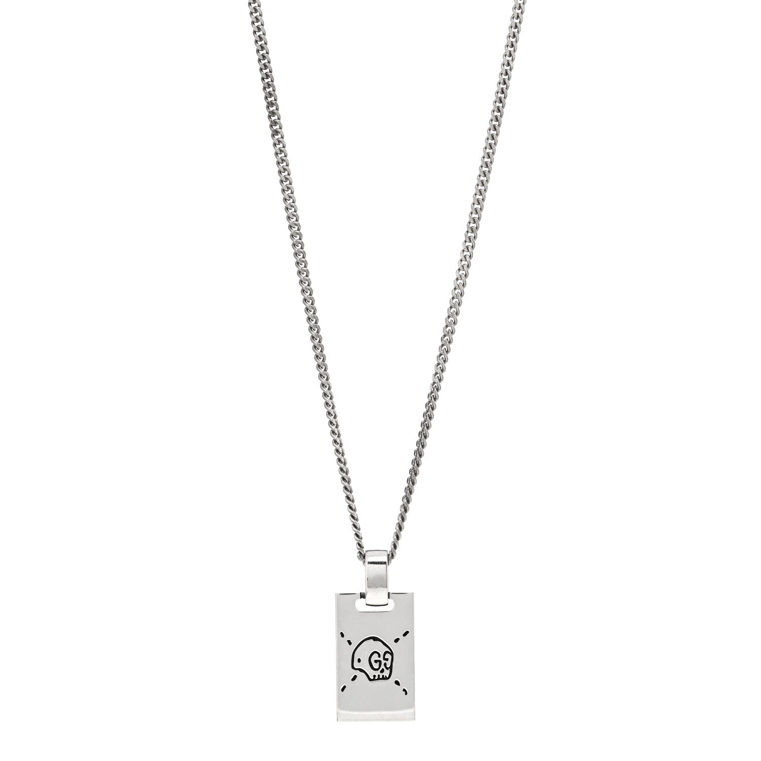 Gucci Sterling Silver GucciGhost Hamlet Skull Dog Tag Pendant Necklace 1 of 4