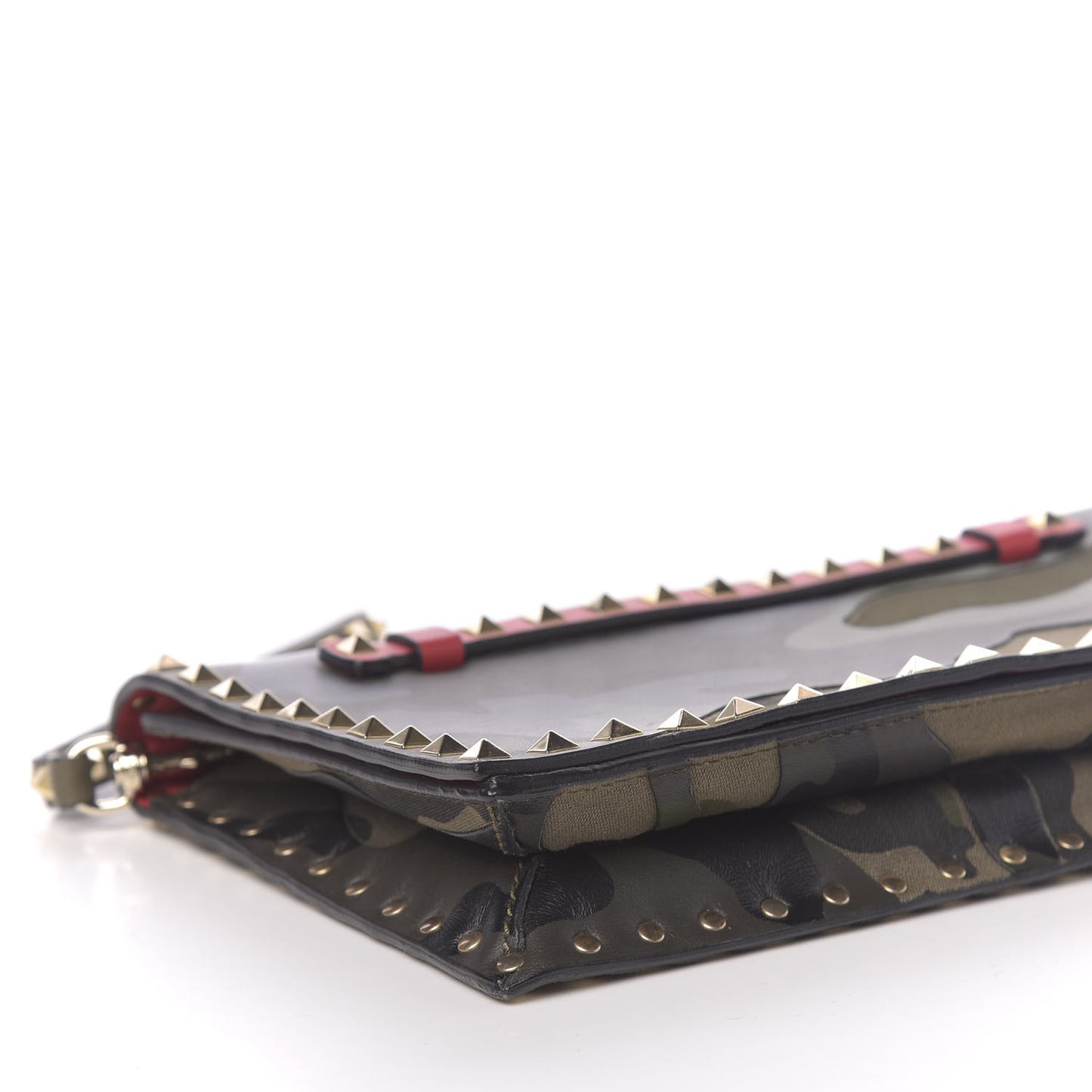 Nappa Canvas Camouflage Rockstud Wristlet Clutch Verde Rouge