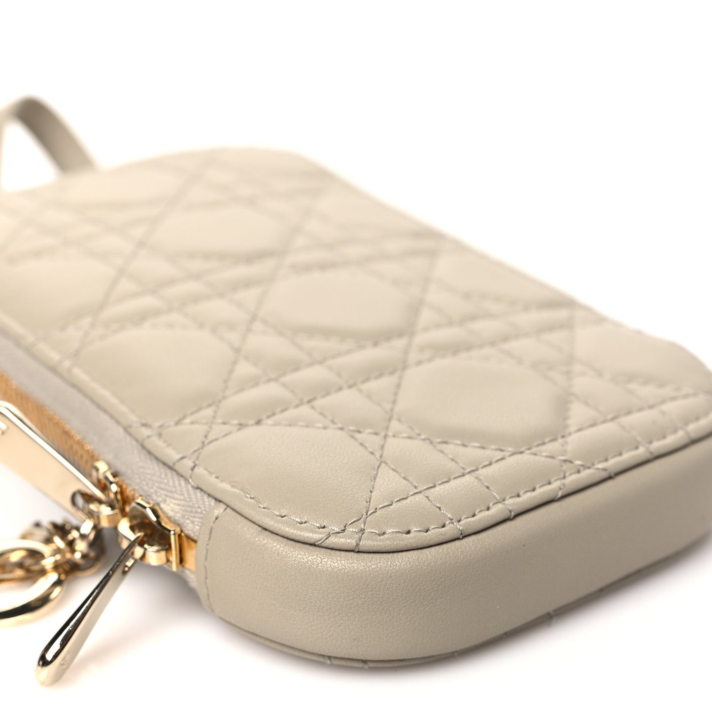 Lambskin Cannage Lady Dior Phone Holder Beige