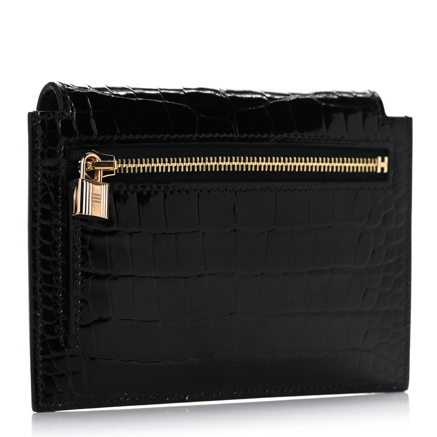 Hermes Shiny Alligator Kelly Pocket Compact Wallet Black 3 of 8