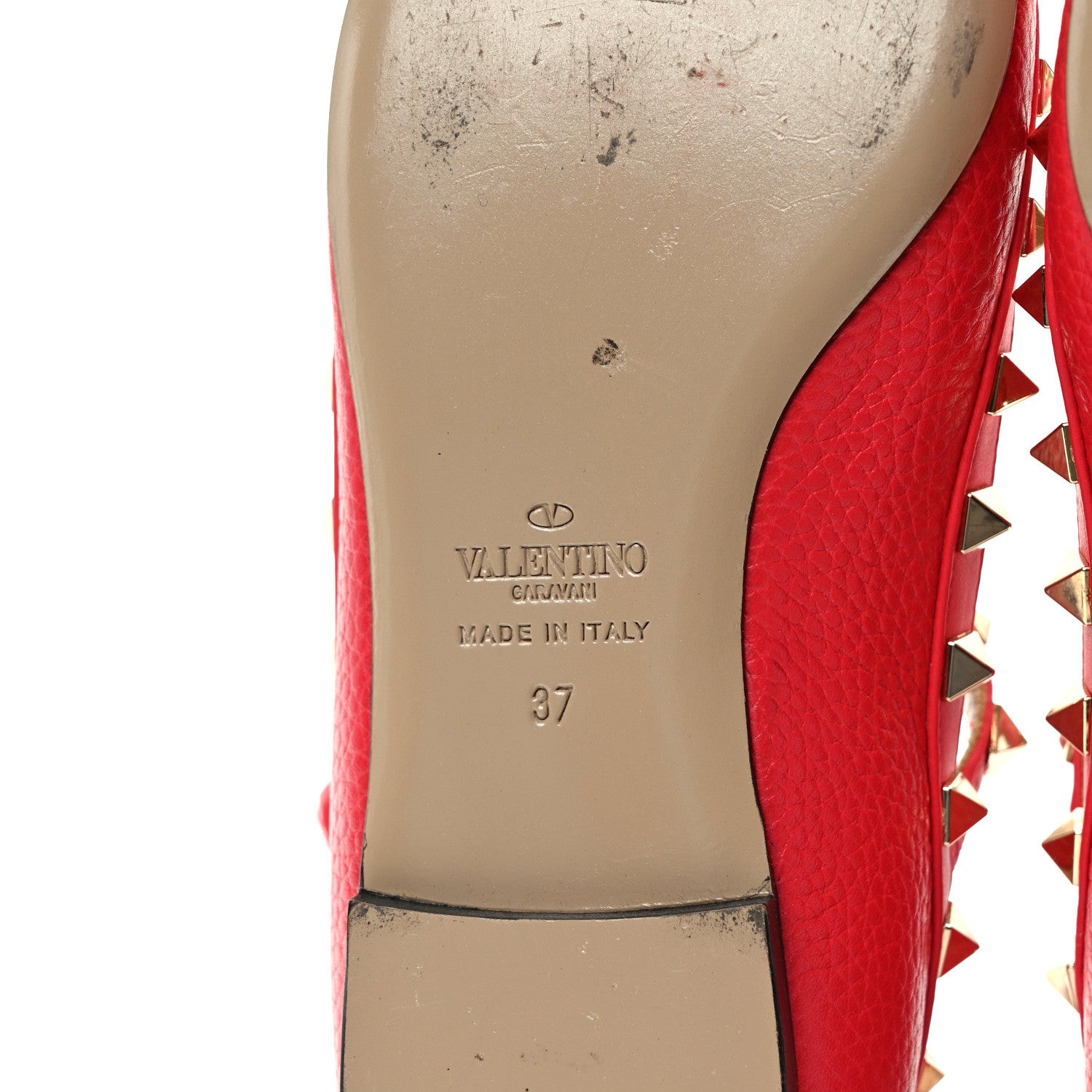 Valentino Garavani Pebbled Calfskin Rockstud Cage Ballerina Flats 37 Red 6 of 11