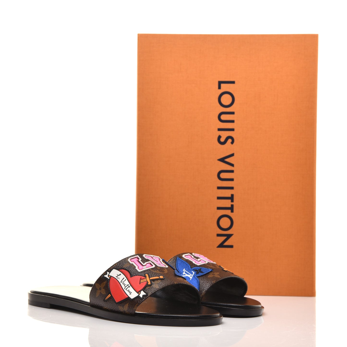 Patent Calfskin Monogram LV Black Heart Flat Mules 39 Cacao
