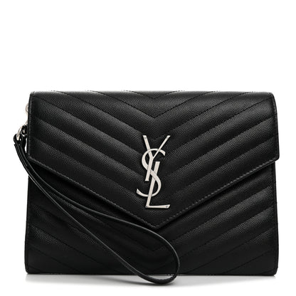 Saint Laurent Grain De Poudre Matelasse Chevron Monogram Envelope Clutch Black 1 of 8