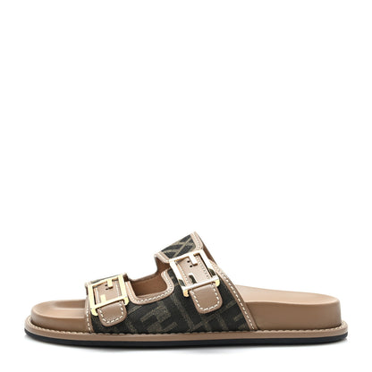 Fendi Fabric Jacquard Nappa FF Womens Fendi Feel Buckled Slide Sandals 38 Tobacco Black Miele Scuro 1 of 7