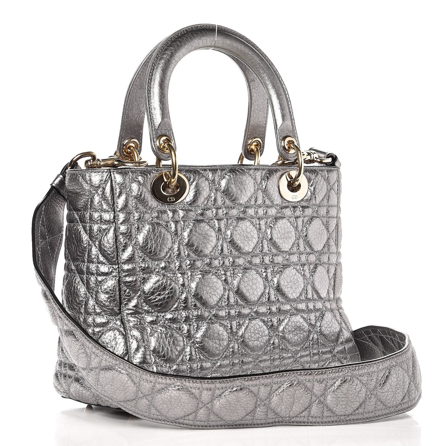 Metallic Grained Calfskin Cannage Medium Lady Dior Silver