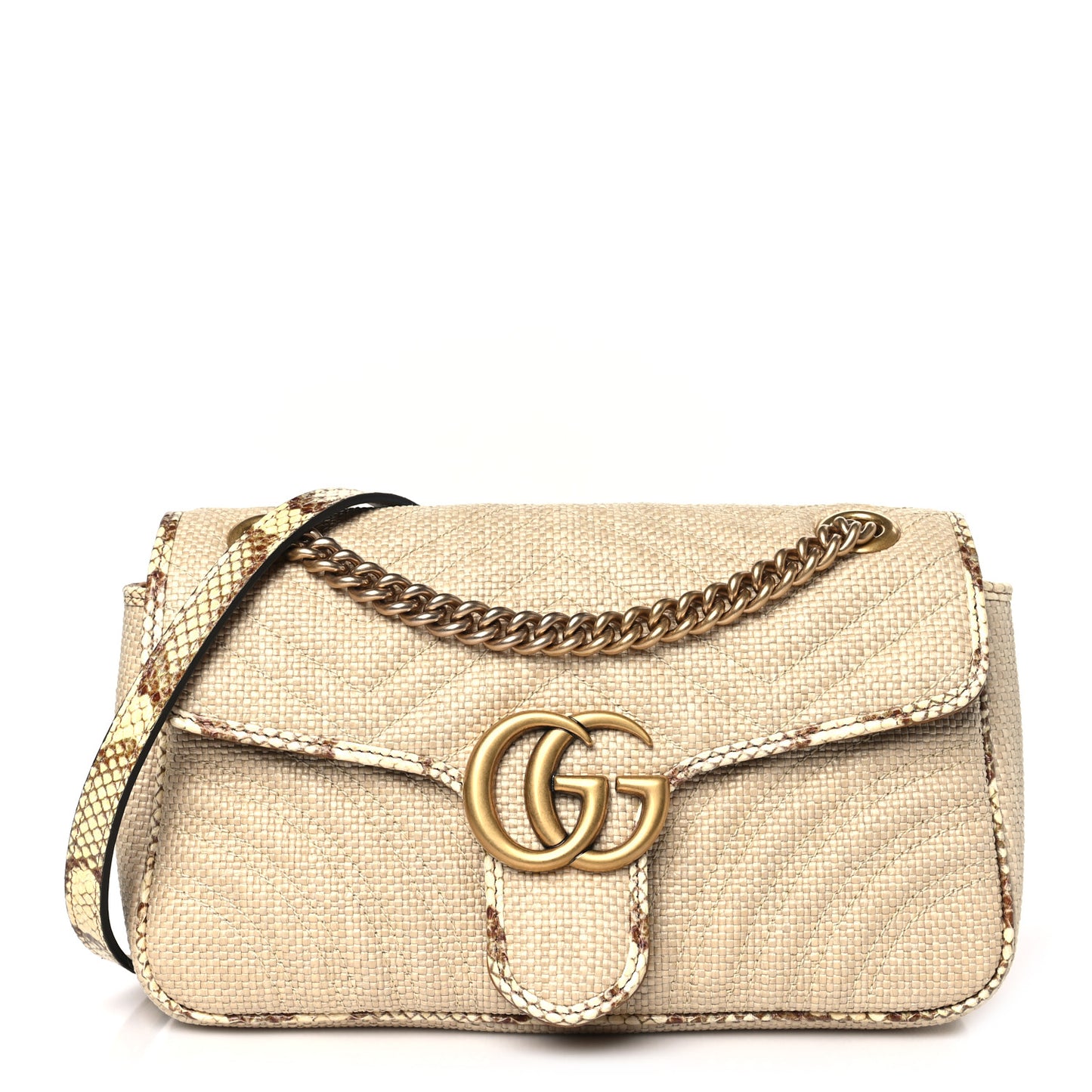 Raffia Elaphe Matelasse Small GG Marmont Shoulder Bag Natural Cream Brown