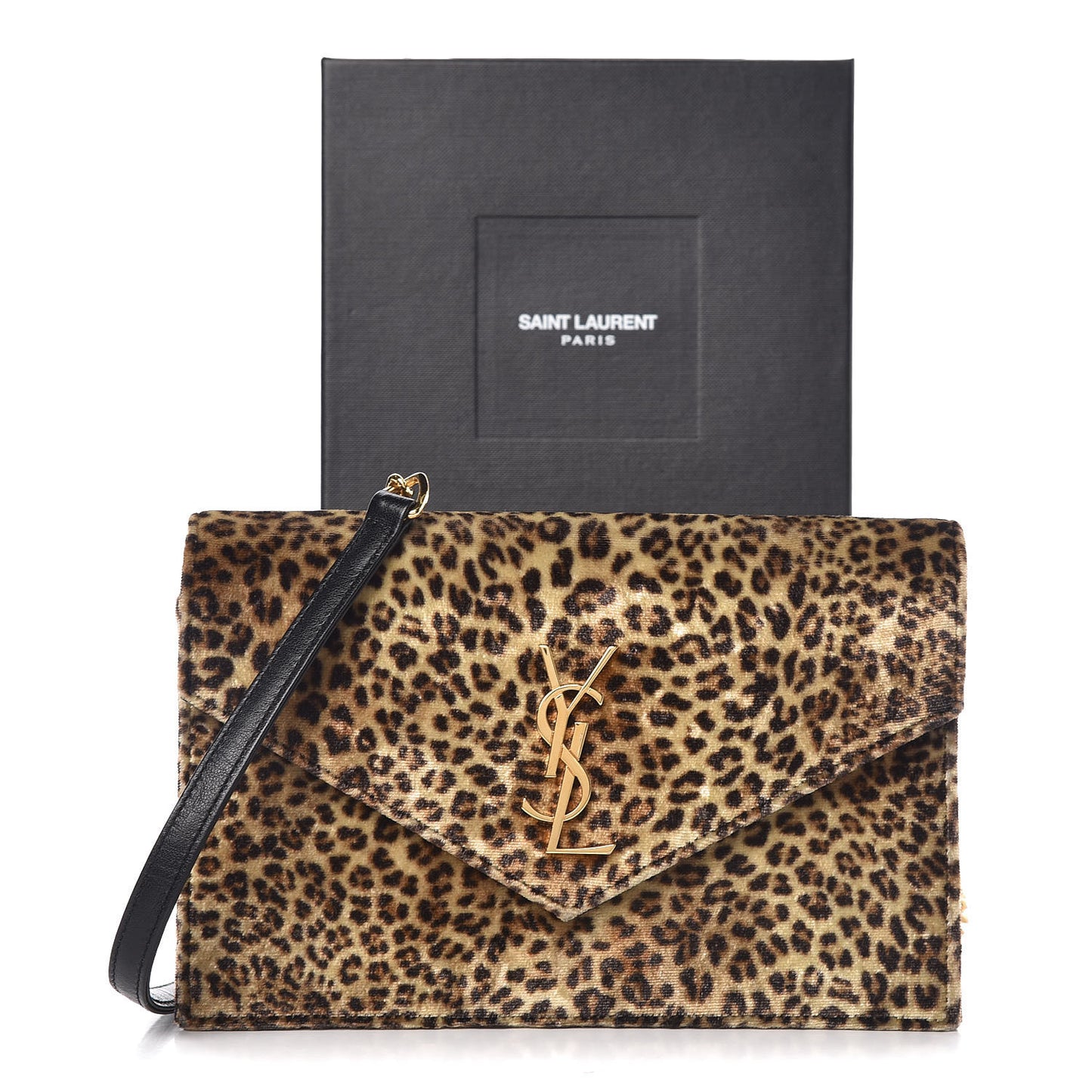 Velvet Leopard Print Monogram Envelope Chain Wallet Black