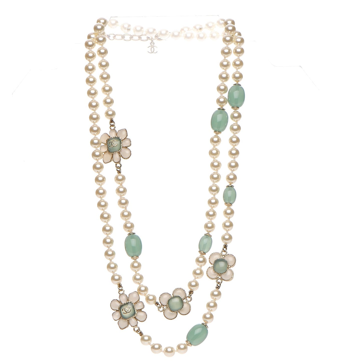 Pearl Gripoix Poured Glass Long Necklace Gold Green White