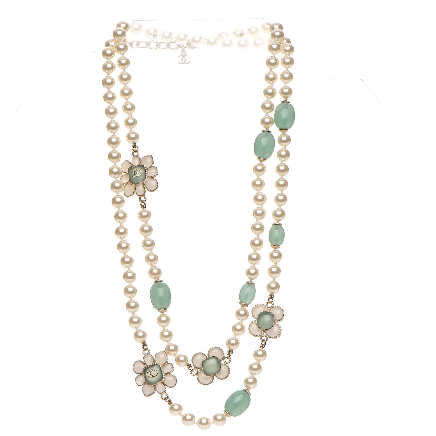 Chanel Pearl Gripoix Poured Glass Long Necklace Gold Green White 3 of 6
