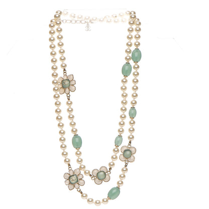 Chanel Pearl Gripoix Poured Glass Long Necklace Gold Green White 3 of 6