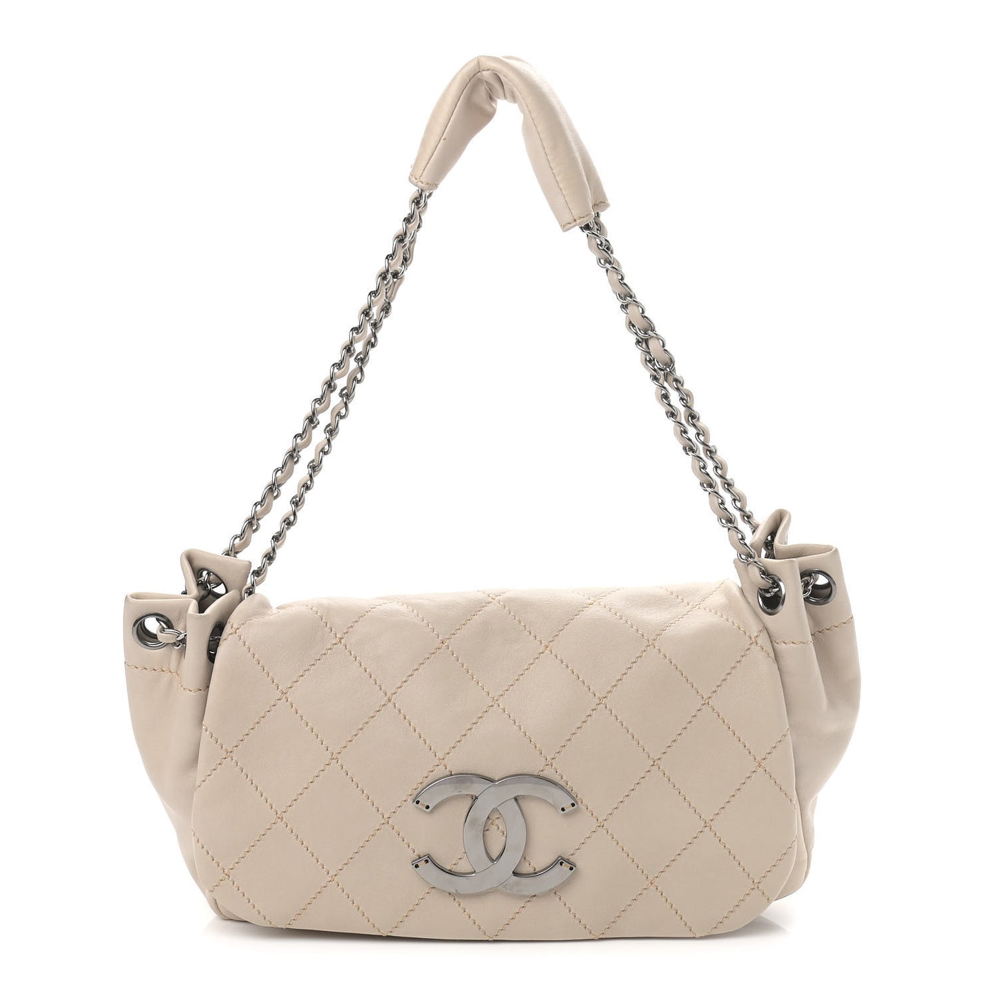 Lambskin Contrast Stitch Surpique Accordion Flap Beige