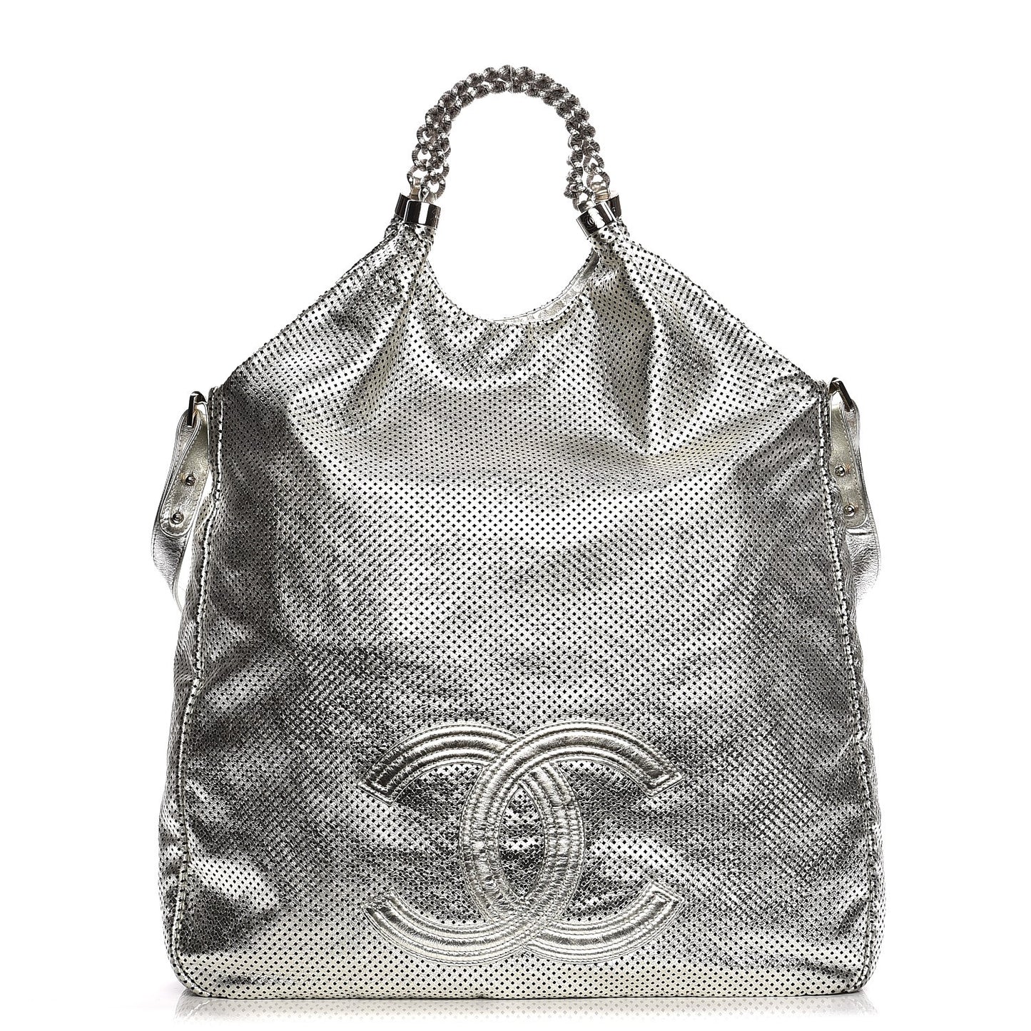 Metallic Glazed Calfskin Perforated Medium Rodeo Drive Tote Silver
