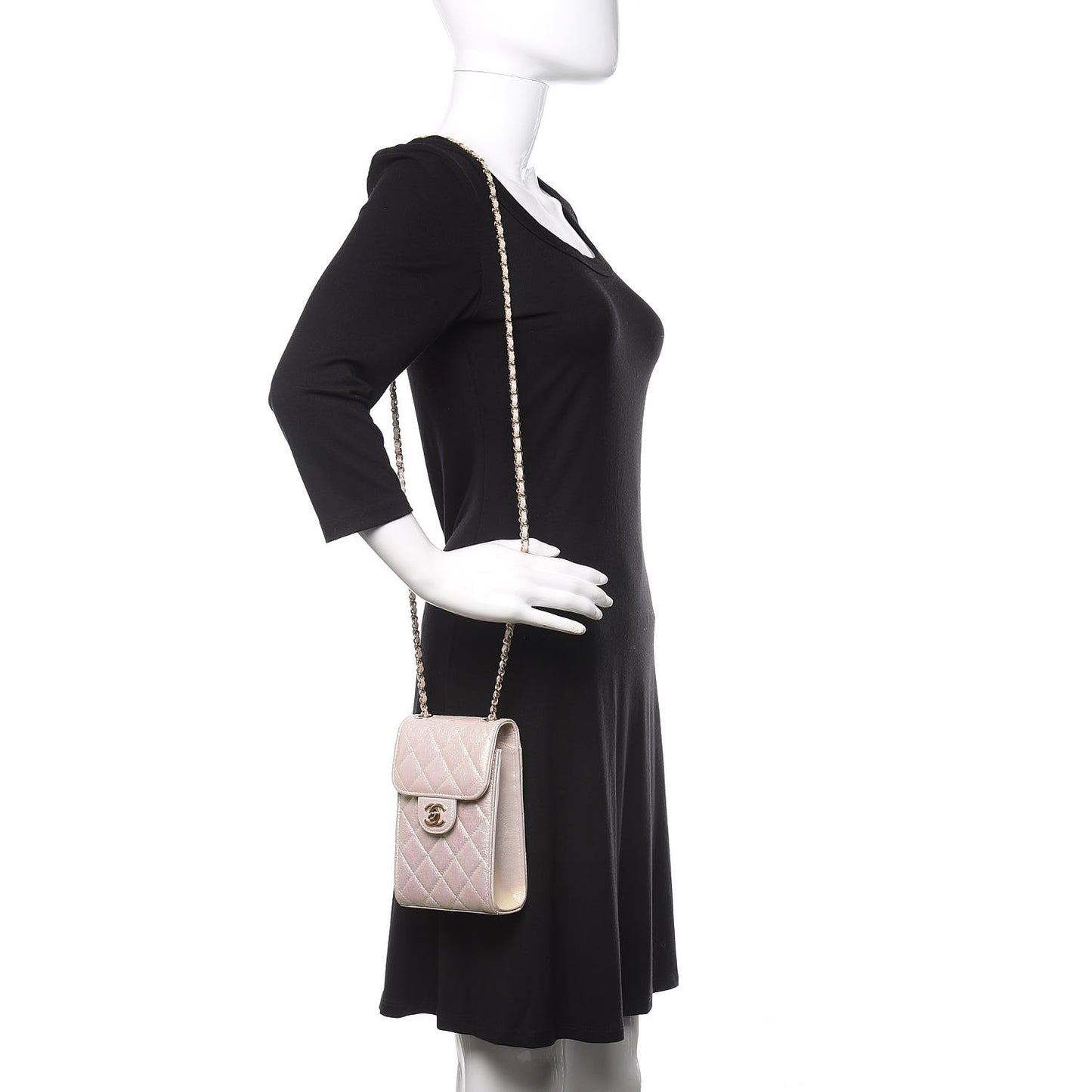 Iridescent Lambskin Quilted CC Phone Holder Ivory