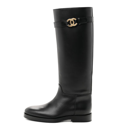 Chanel Calfskin CC Buckle High Boots 38 Black 1 of 8