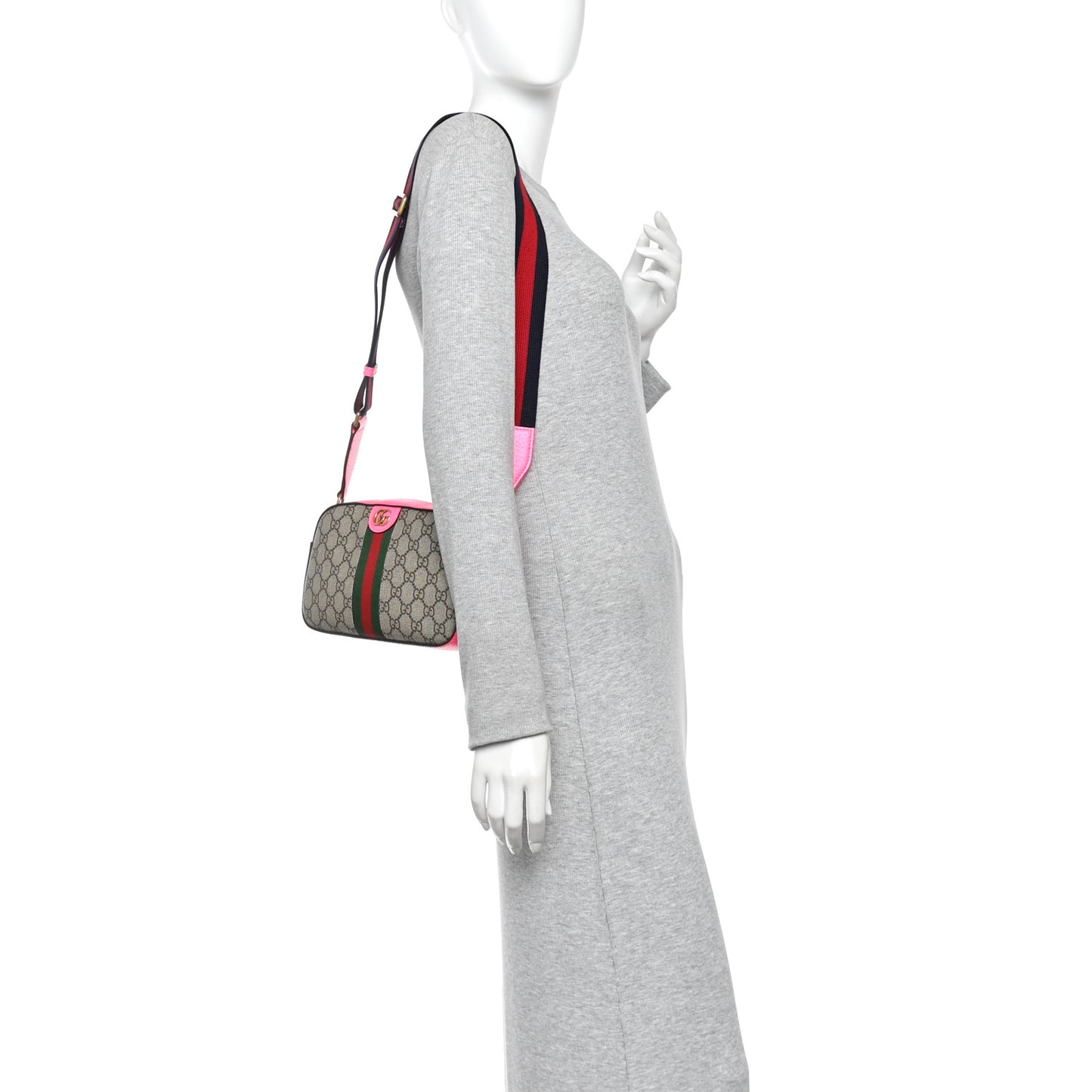 GG Supreme Monogram Textured Dollar Calfskin Web Ophidia Small Crossbody Bag Beige Ebony Fuchsia