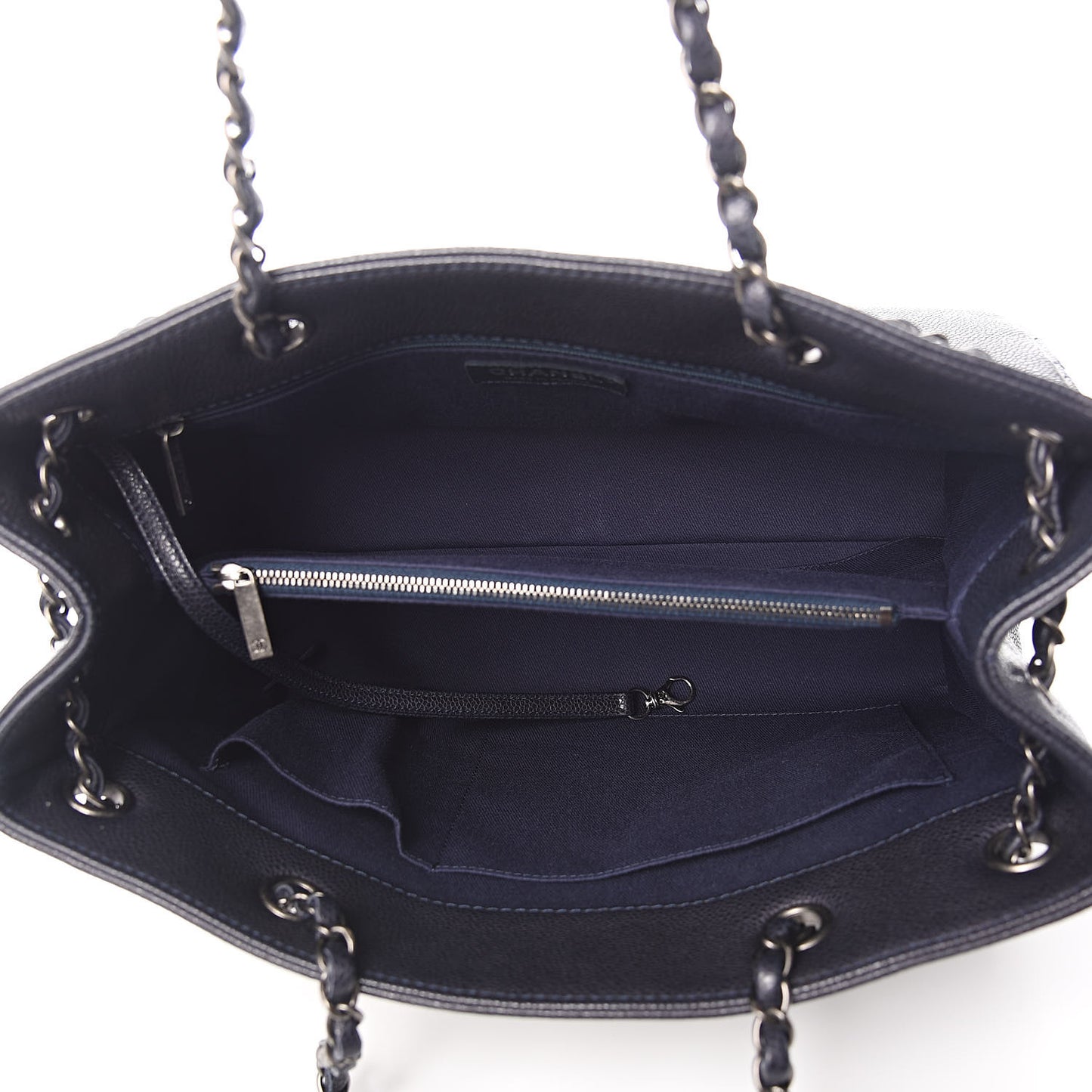 Metallic Grained Calfskin Woven Chain Medium Shopping Tote Dark Navy