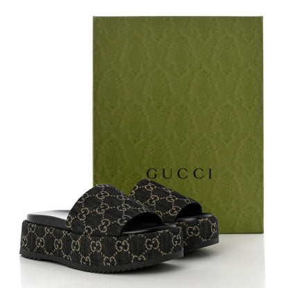 Gucci Jacquard Black Denim GG Monogram Angelina Platform 55mm Slide Sandals 36 Black Ivory 9 of 9