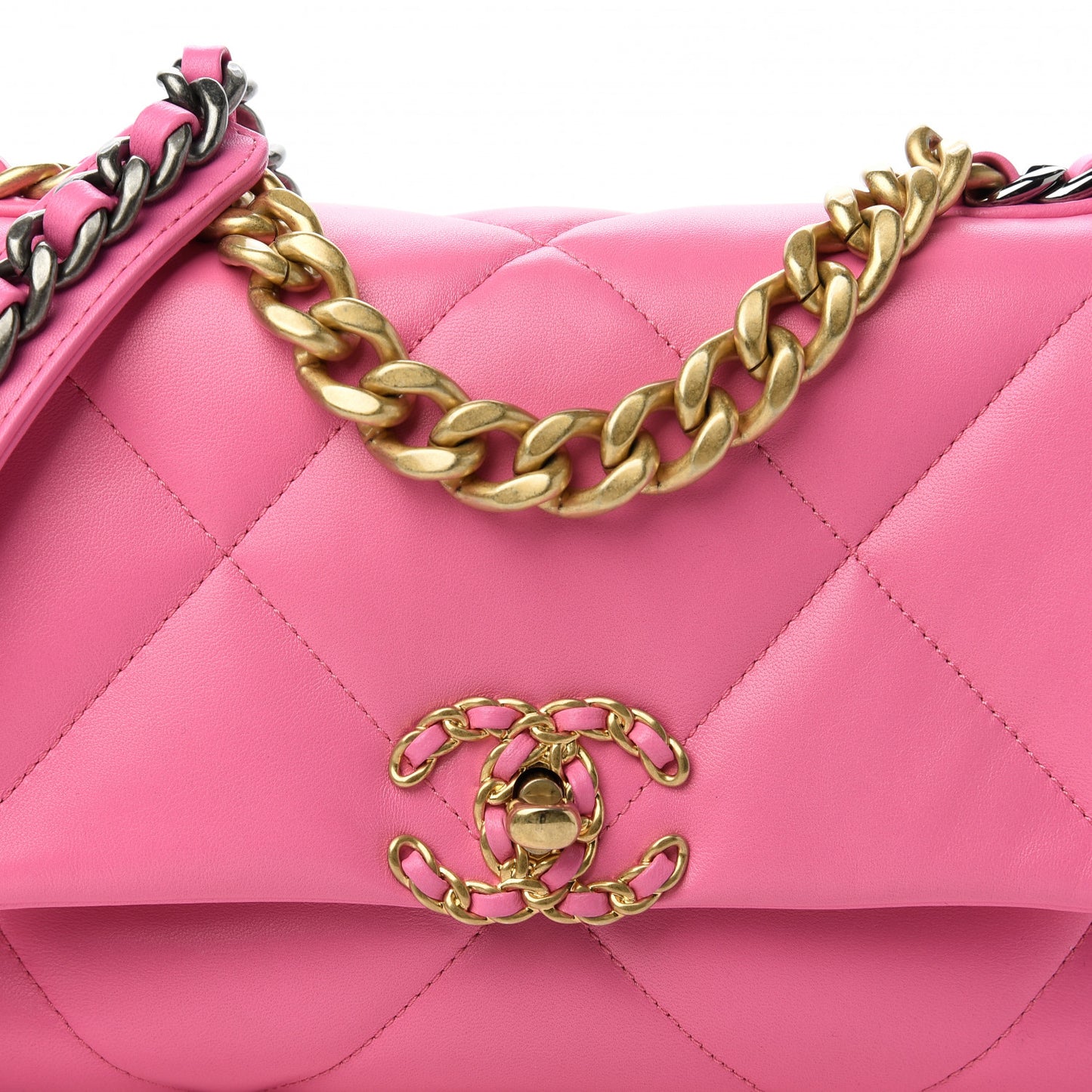 Shiny Lambskin Quilted Medium Chanel 19 Flap Neon Pink