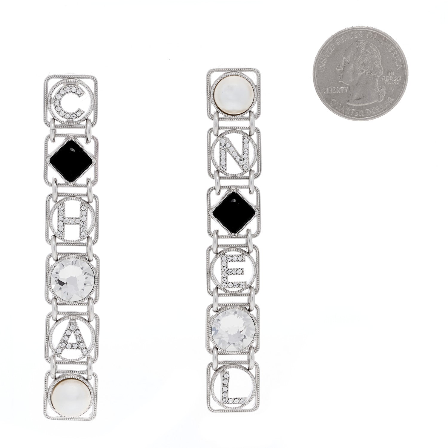 Chanel Crystal Pearl Resin Chanel Logo Drop Earrings Silver Pearly White Black 2 of 4